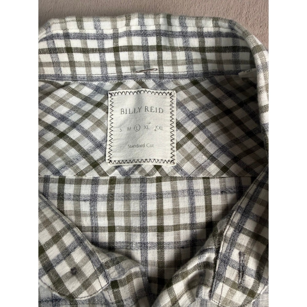 Billy Reid Linen Button Down Shirt Mens Large Green Plaid Excellent Standard Cut